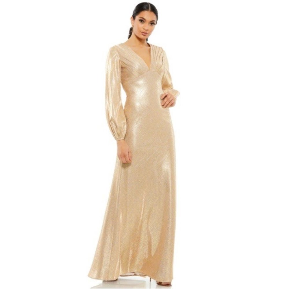 Ieena for Mac Duggal Metallic Gold Long Sleeve Gown 26650